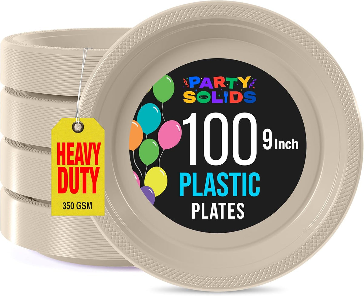 Exquisite Party Solids Ivory Plastic Plates For Party 9" Ivory Disposable Plates Heavy Duty Supplies 100 Pcs Plastic Dinnerware Sets Heavy Duty 350 GSM Disposable Dinnerware Set