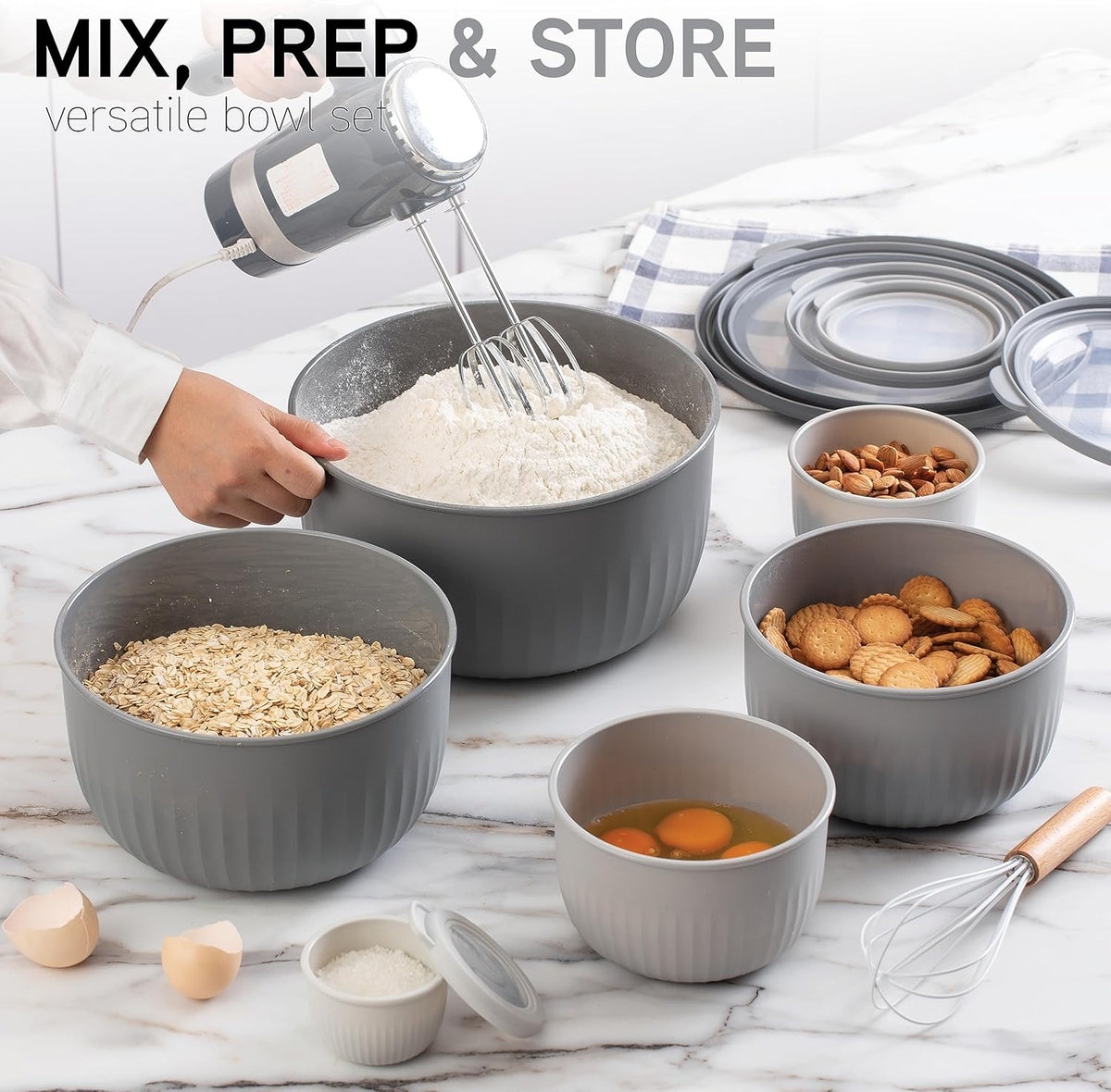 COOK WITH COLOR Prep Bowls with Lids- Wide and Deep Nesting Plastic Small Mixing Bowl Set with Lids, 12 Piece Set - Deep Bowls, Gray