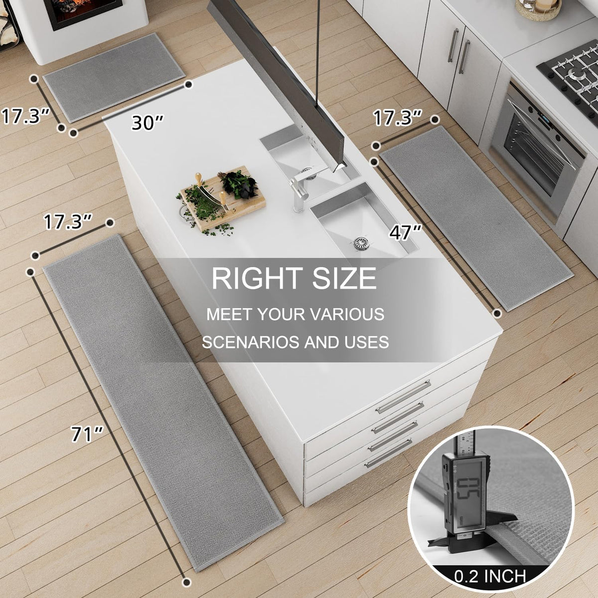 Kitchen Mat Set of 2 PCS, Cushioned Non Slip Rugs for Kitchen Floor, Absorbent Runner Comfort Standing Mats Washable for Kitchen, Office, Home (Grey, 17.3"x47"+17.3"x30")