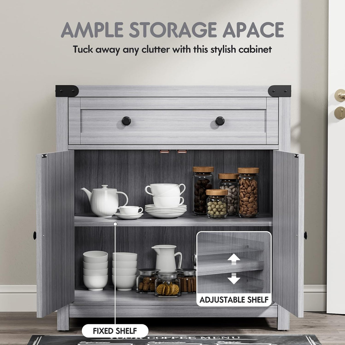 YESHOMY Farmhouse Coffee Bar Cabinet Sideboards, with Barn Doors, Spacious Drawer, Adjustable Interior Shelf, Generous Top Surface, for Kitchen, Bathroom, Entryway, Living Room, Pure Gray
