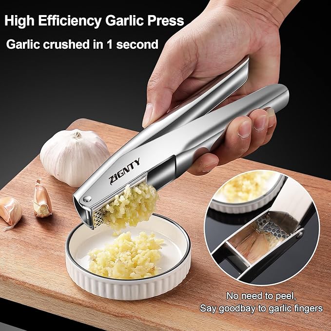 Garlic Press Stainless Steel, Professional Mincer No Need to Peel, Large Trough Presser Ergonomic Handle Easy Squeeze, Ginger Crusher & Masher Dishwasher Safe Rust Proof