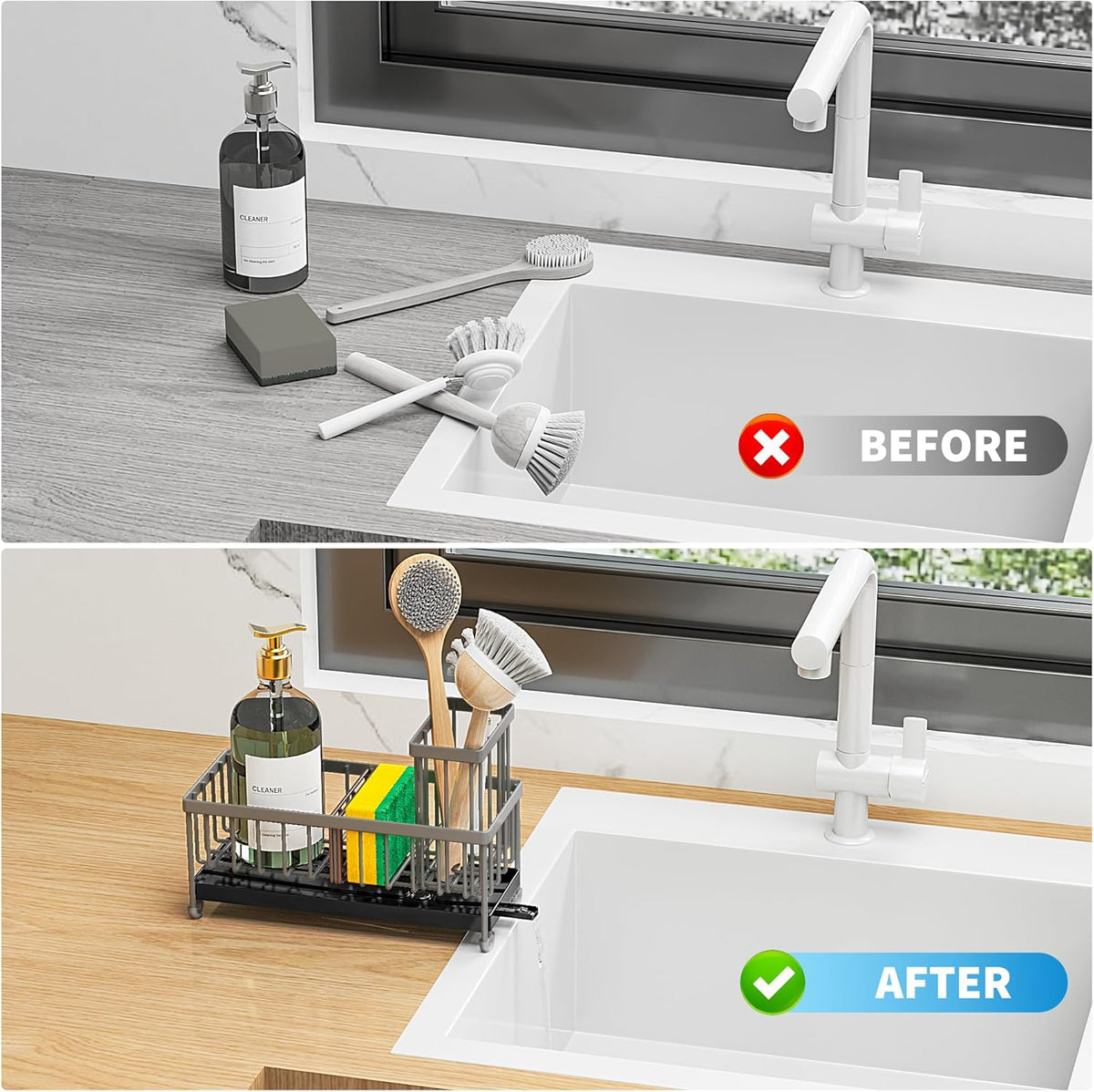 Cisily Light Gray Sponge Holder for Kitchen Sink, Sink Caddy Organizer with High Brush Holder, Kitchen Countertop Organizers and Storage Essentials, Rustproof 304 Stainless Steel, Soap Dispenser