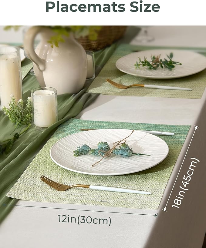 Leetaltree Gradient Green Woven Placemats Set of 8 - Heat Resistant Non-Slip Place mats for Dining Table, Washable Durable PVC Vinyl Woven Table Mats(Gradient Green, 8)