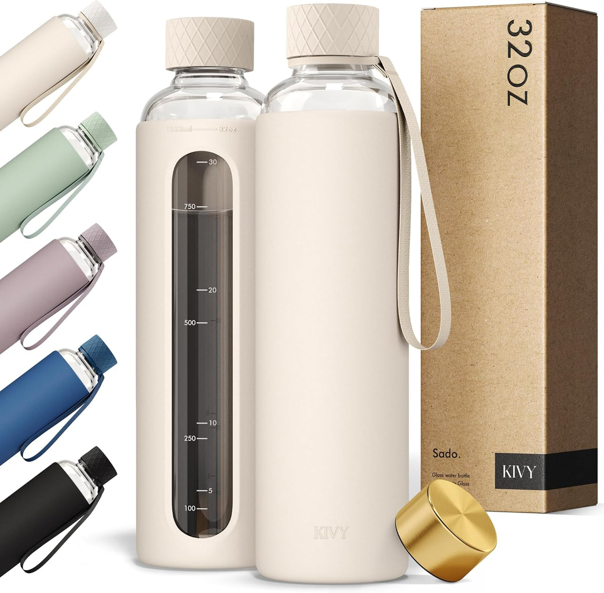 KIVY Glass Water Bottle with Silicone Sleeve 32 oz [WITH MEASUREMENT] - Borosilicate Glass Water Bottle Screw Top - Clear Bottles with Measurement Marking - Slim Waterbottle Aesthetic - Cream White