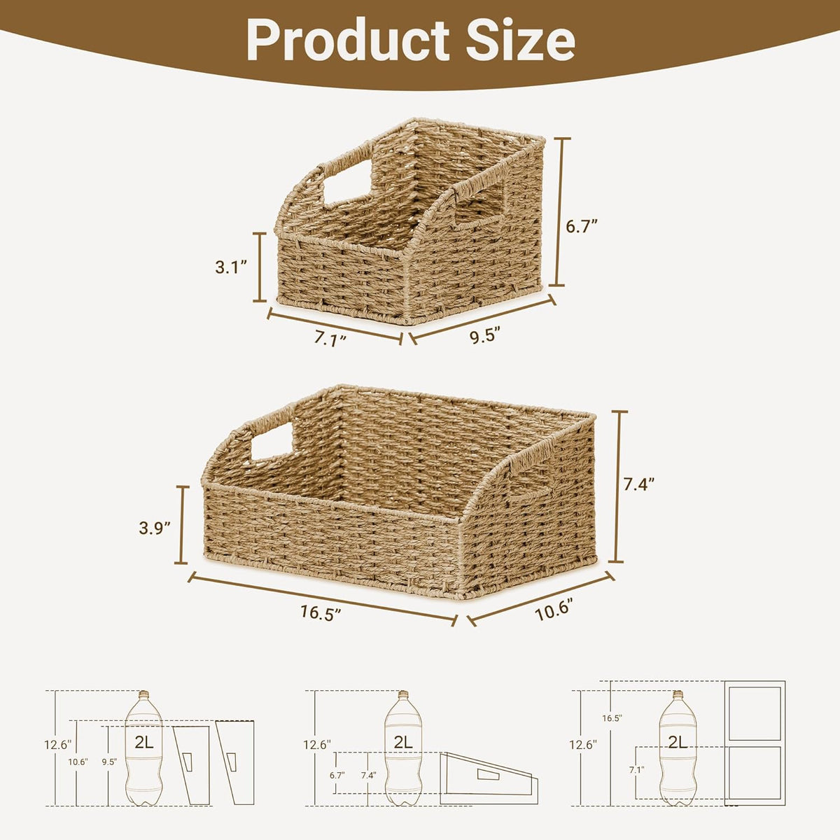 Wicker Baskets for Organizing,Pantry, Kitchen Counter with Handles, Handwoven Woven Storage Baskets for Fruit, Bread, Vegetable, Paper Storage Bins for Shelves, 3 Pack, Natural