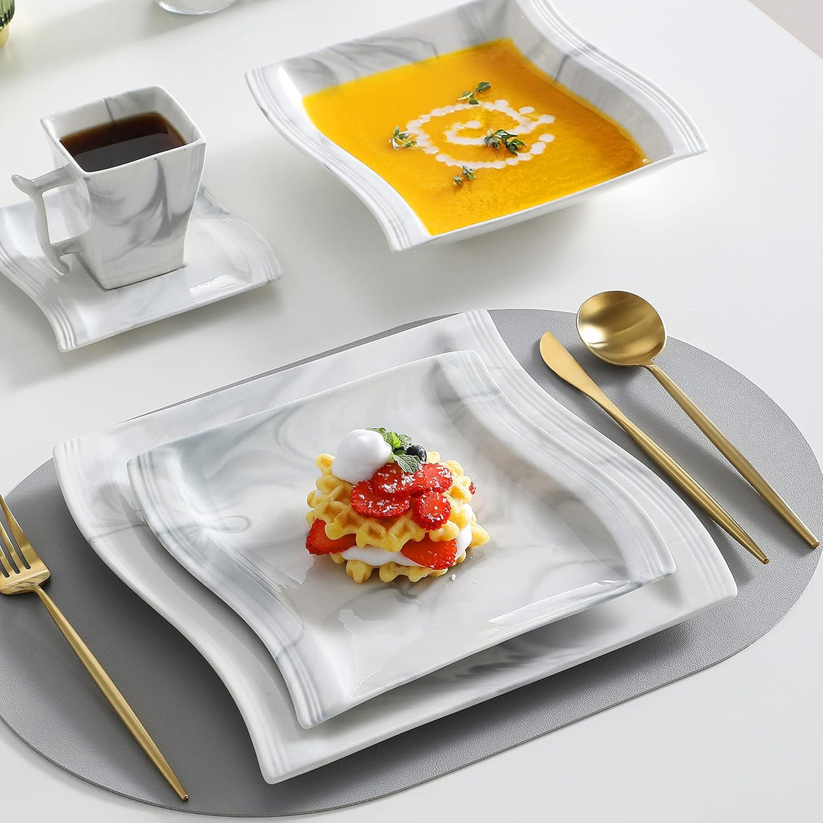MALACASA Plates and Bowls Sets, 30 Piece Porcelain Dinnerware Sets for 6, Square Dinnerware Set with Dinner Plate, Dessert Plate, Soup Plate, Cup and Saucer, Modern Dish Set, Marble Grey, Series Flora
