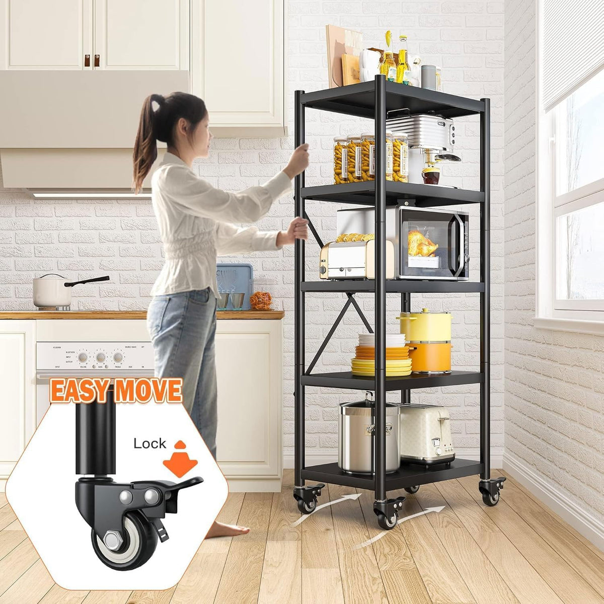 REIBII 5 Tier Metal Shelving Unit Load 1168LBS,Storage Shelves with Wheels,Wire Garage Shelving Commercial Shelf Organizer for Laundry Kitchen Pantry Closet Living Room,23.6" W X 15.7" D X 65.4" H