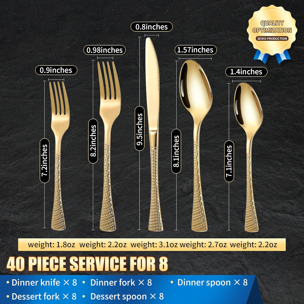 Hammered Gold Silverware Set for 8,Stainless Steel 40-Piece Modern Cutlery Set,Mirror Polished Heavy Duty Flatware Set Utensil Set,Knives Spoons and Forks Set,Dishwasher Safe