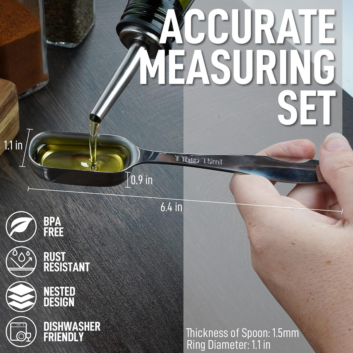 Zulay Heavy Duty Stainless Steel Measuring Spoons with Easy to Read, Slim Design for Narrow Spice Jars, 6 Piece Measuring Spoons with Etched Markings & Removable Clasp, Table Spoons Measuring Spoon
