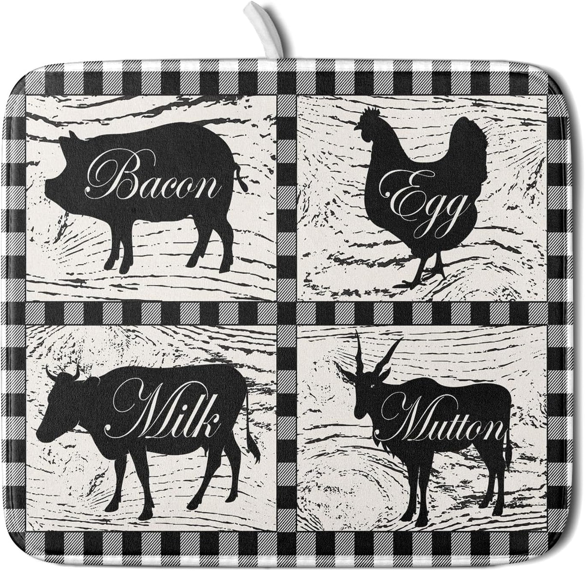 Farmhouse Animal Dish Drying Mat Buffalo Plaid Drainer Rack Mats Fast Dry Absorbent Kitchen Countertop Protector Dishes Pad 16x18 Inch