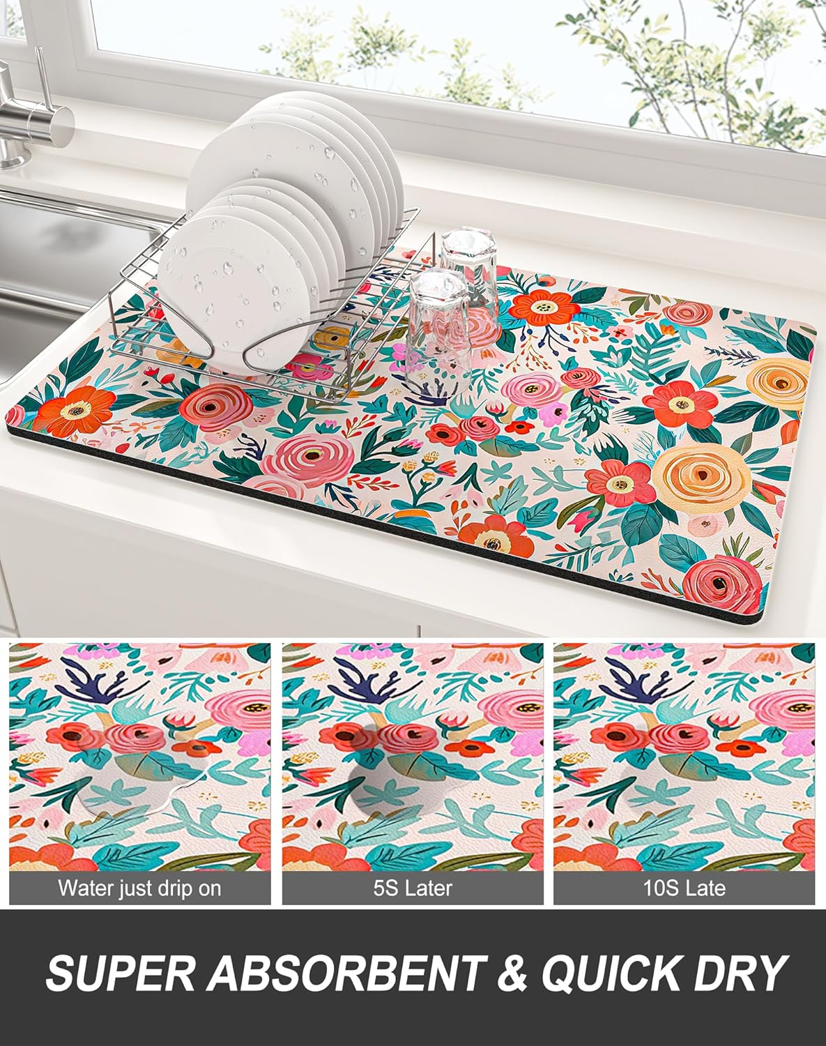 Rnivvi Dish Drying Mat for Kitchen Counter, XL 15 x 24" Cute Flower Super Absorbent Draining Pad, Non-Slip Heat Resistant Coffee Bar Mats for Coffee Machine Station Accessories, Colorful Dish Rack Pad