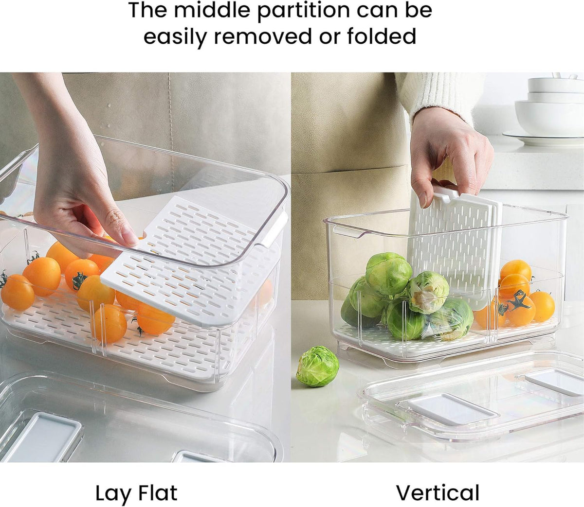 vacane Produce Saver with Folding Lids,2 Piece Fruit Vegetable Storage Container with Vents Stackable Fridge Drawers Organizer Salad Lettuce Keeper For Refrigerator,Bpa-free Fresh Keeper,5.7L&2.8L