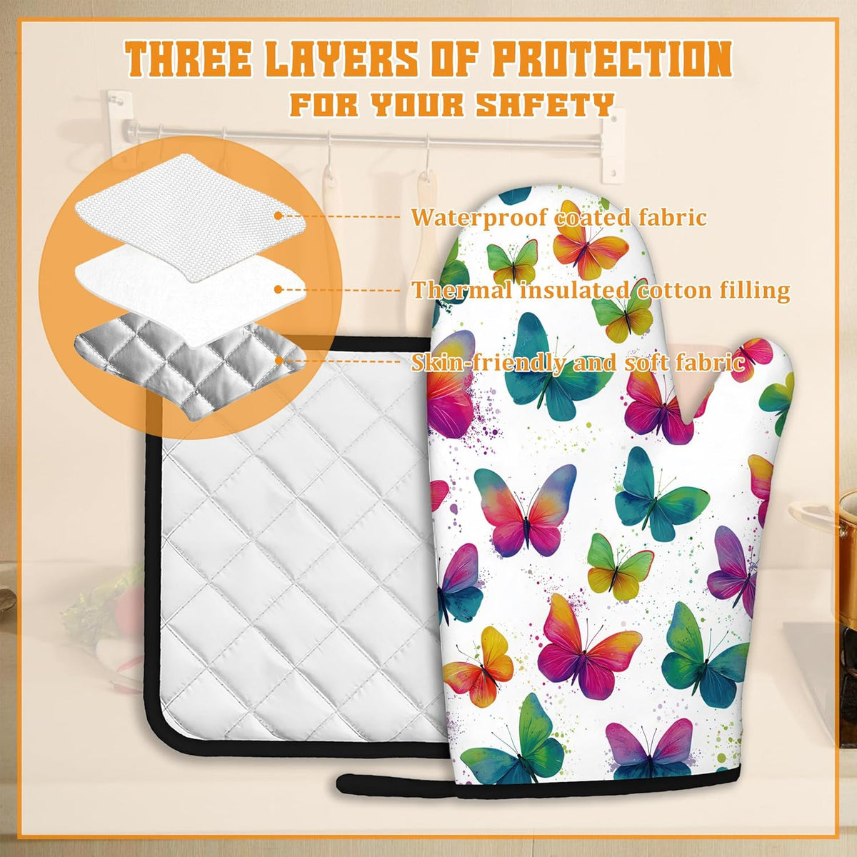 Colorful Butterfly Oven Mitts and Pot Holders,Heat Resistant Oven Mitts Gloves and Pot Holder for Home Kitchen Decorations Cooking Baking BBQ Gifts,Set of 4