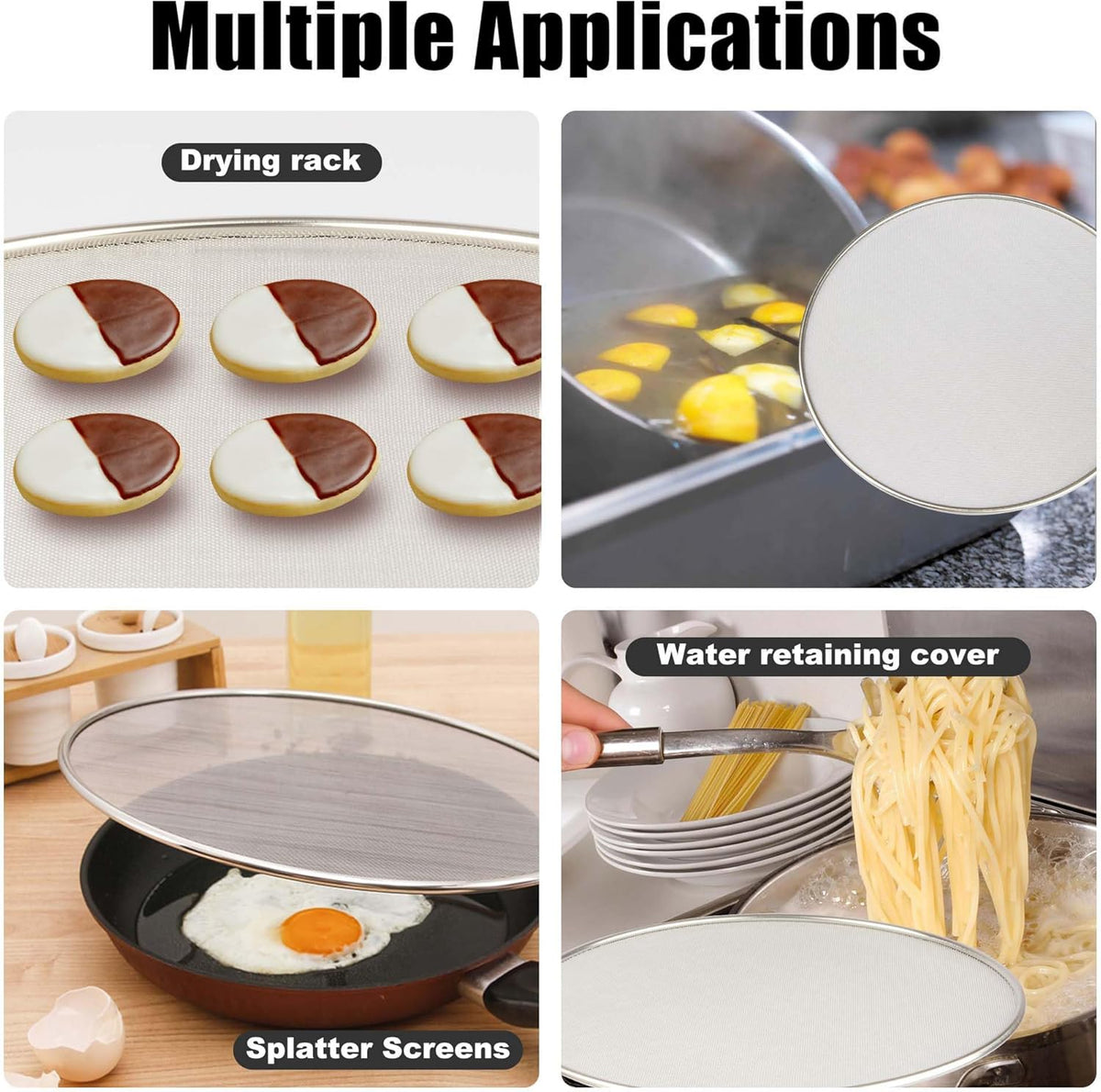Splatter Screen for Frying Pan, Grease Splatter Guard, Stainless Steel Splatter Guards for Frying with Long Handle, Kitchen Oil Splash Guard Cooking Shield, Fine Mesh Strainer (Black, 13 inch)