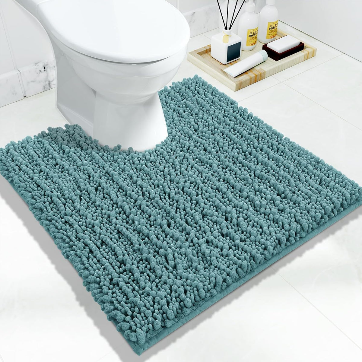 Yimobra Toilet Rug U Shaped Washable 24x20 Inch - Ultra Soft Absorbent Chenille Bath Rugs for Toilet, Quick Dry & Machine Washable, Non Slip Contour Bathroom Mat, Teal Blue
