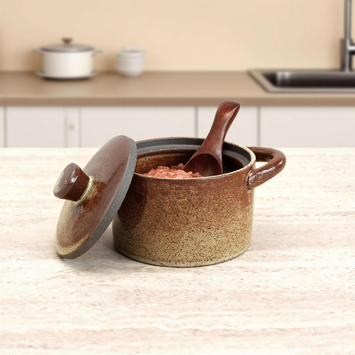 Handcrafted Speckled Ceramic Salt Cellar with Wooden Spoon, Rustic Vintage Spice Jar, Dishwasher Safe, 8.45 fl oz (Peckled Ceramic)