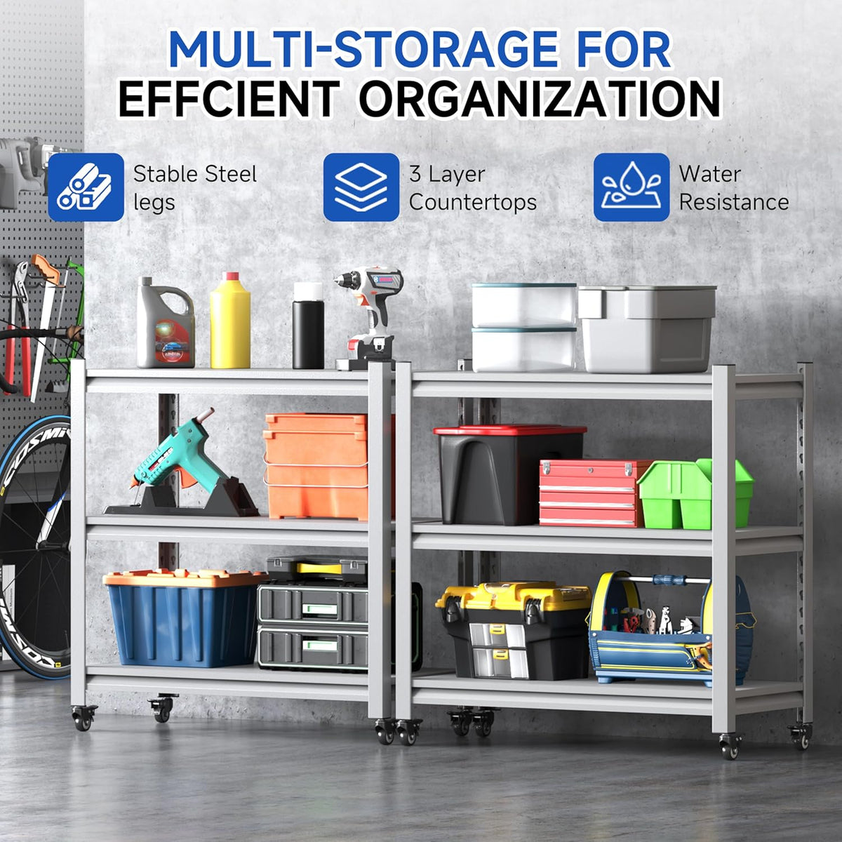 34''W Garage Heavy Duty 3-Tier Adjustable Storage Rack, Steel Shelving with Wheels,Pantry,Kitchen, Office, Closet and Garage Shelves, Easy to Assemble- White