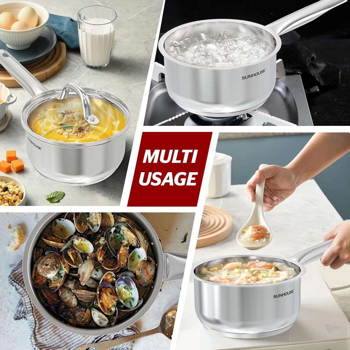 SUNHOUSE – 2 Quarts Stainless Steel Sauce Pan with Lid - PFOA-FREE, Stainless Steel Sauce Pan, Advanced Impact Bonding Induction Base, Stay-Cool Handle, Compatible with All Cooktops