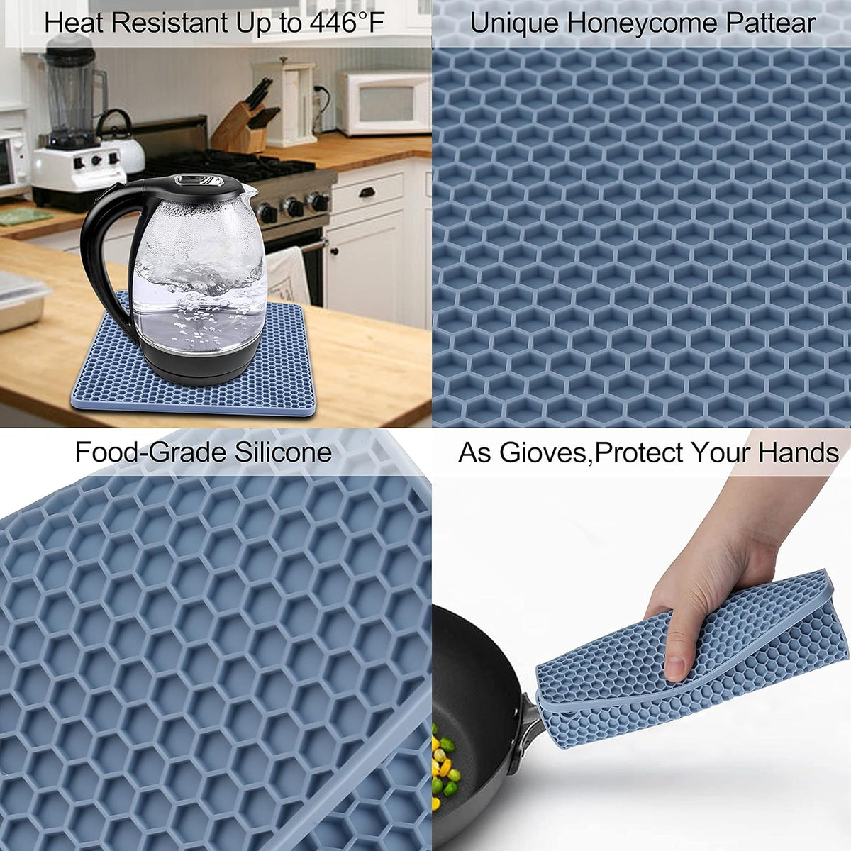 4 Pack Silicone Trivet Mat, Silicone Trivets for Hot Pots and Pans, Non-Slip & Heat Resistant Silicone Hot Pad for Kitchen Counter Mat Set, Soft Drying Mat, Jar Opener and Coasters, Square, Blue