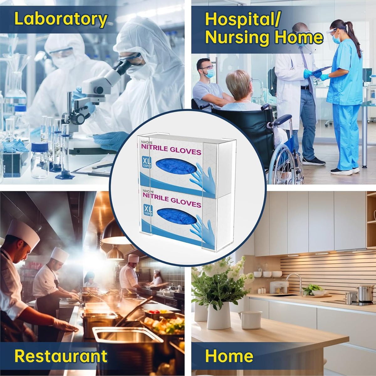 NiHome Multi-Tier Clear Acrylic Wall Mount Glove Box Holder Tissue Box Dispenser for Kitchen, Bathroom, Garage, Lab, Salon, Space-Saving Adjustable Organizer for Gloves, Tissues, Baby Wipes (2-Tier)
