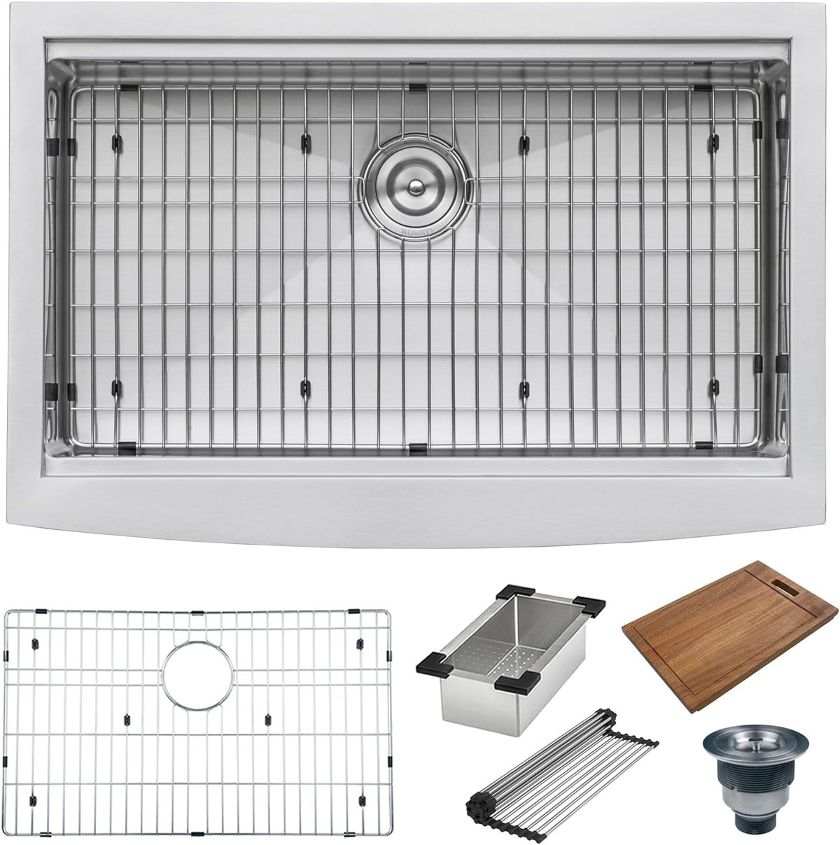 Ruvati 36-inch Rounded Corners Apron-front Workstation Farmhouse Kitchen Sink - 16 Gauge Stainless Steel Kitchen Sink Single Bowl with Brushed Finish hides scratches - RVH9300
