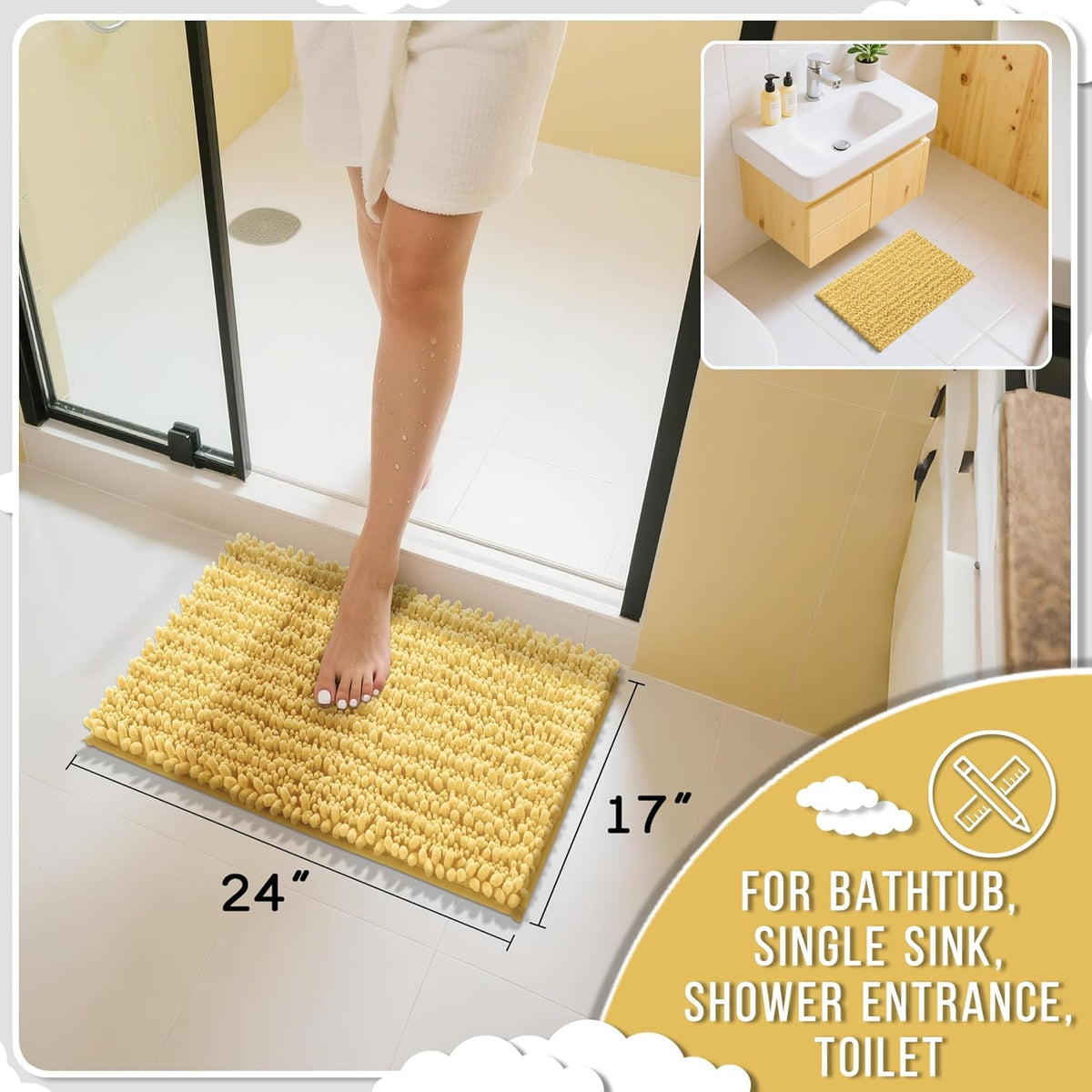 Yimobra Bathroom Rugs Non Slip Washable 24x17 Inch - Ultra Soft Absorbent Chenille Bath Mat, Quick Dry Shaggy Floor Carpet for Tub Shower, Yellow Home Decor Accessories