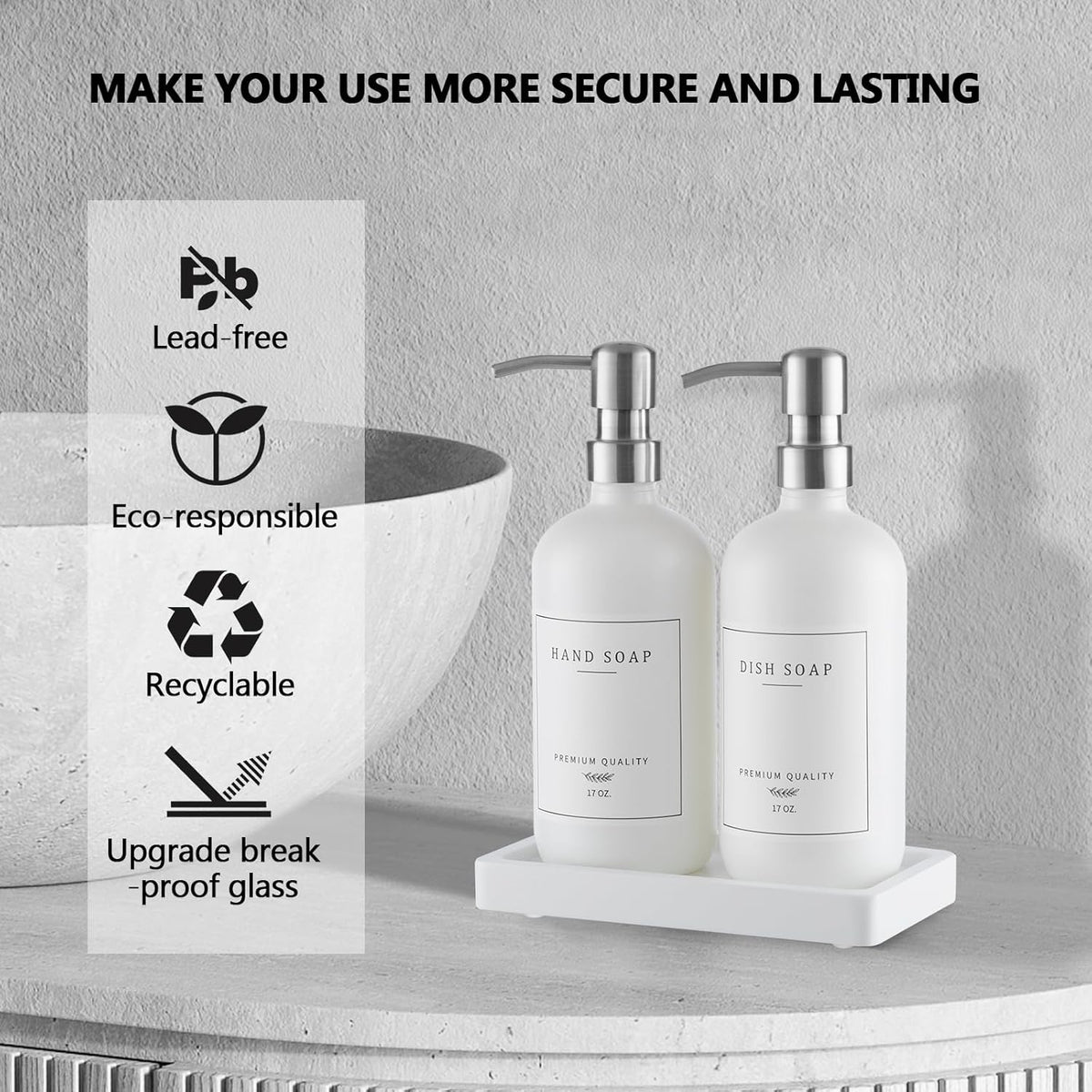 Thick Glass Soap Dispenser - Kitchen Dish Hand Soap Dispenser Set, Rustproof Pump Soap Lotion Dispenser Bathroom with Tray,14 Stickers for Kitchen Decor White Bottle/Silver Pump