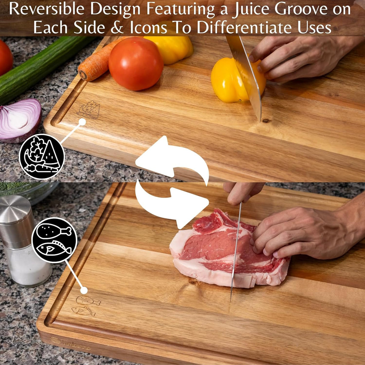 Acacia Wood Cutting Board (17x12x1.2 In.) - Big Wooden Non Toxic Hardwood Organic Meat Steak Chef Butcher Block Boards for Kitchen with Juice Groove