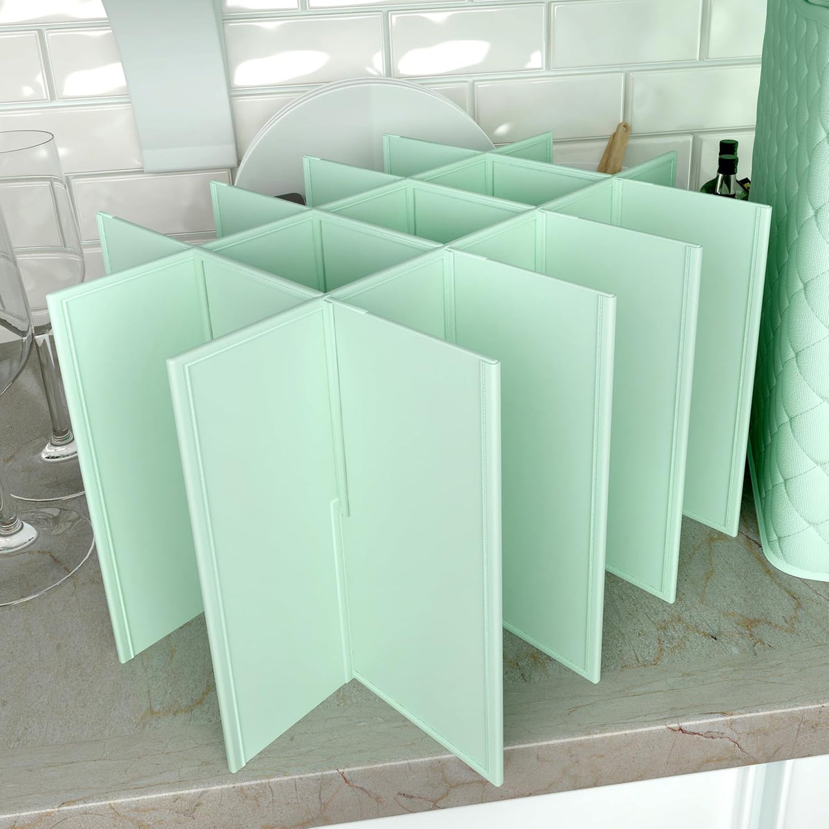 Martha Stewart Dinnerware Stemware Glassware Stackable Organizer Home Storage Container Case, Set of 2 Goblet Stemware Storage Organizers With Removable Fabric Dividers, Mint