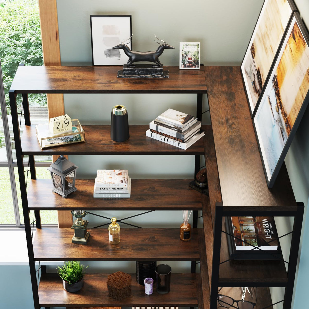 6-Shelf Corner Bookshelf, Vintage Industrial L Shaped Bookshelf Etagere Bookcase, Corner Shelf with Metal Frame Open Storage Rack Corner Book Shelf for Home Office Living Room (Retro Brown)