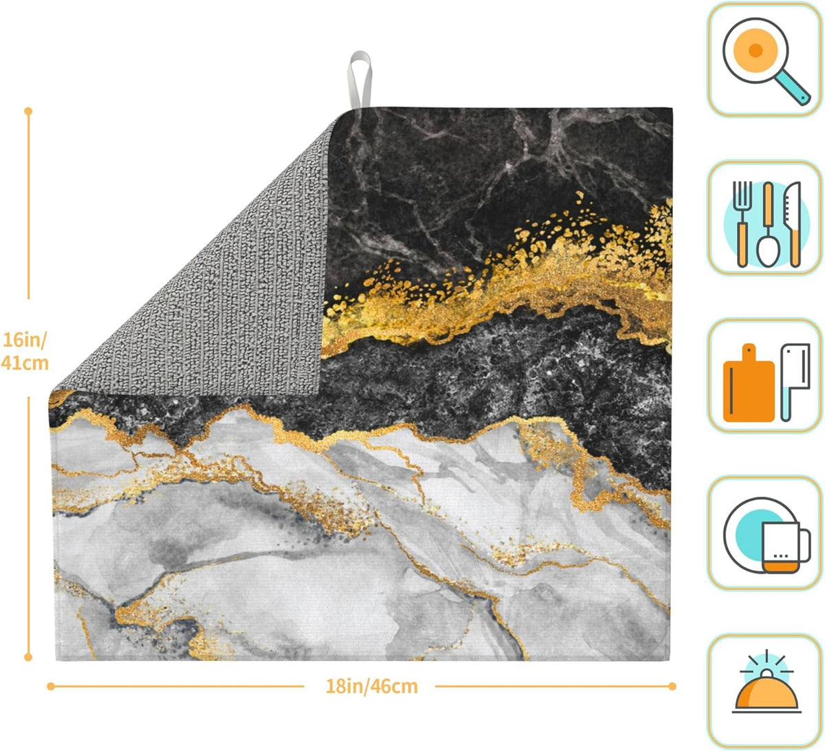 Black Gold Marble Dish Drying Mat for Kitchen Counter Gold and Black Grey Dish Drainer Rack Mats 16x18 Inches Absorbent Reversible Cute Drying Pad