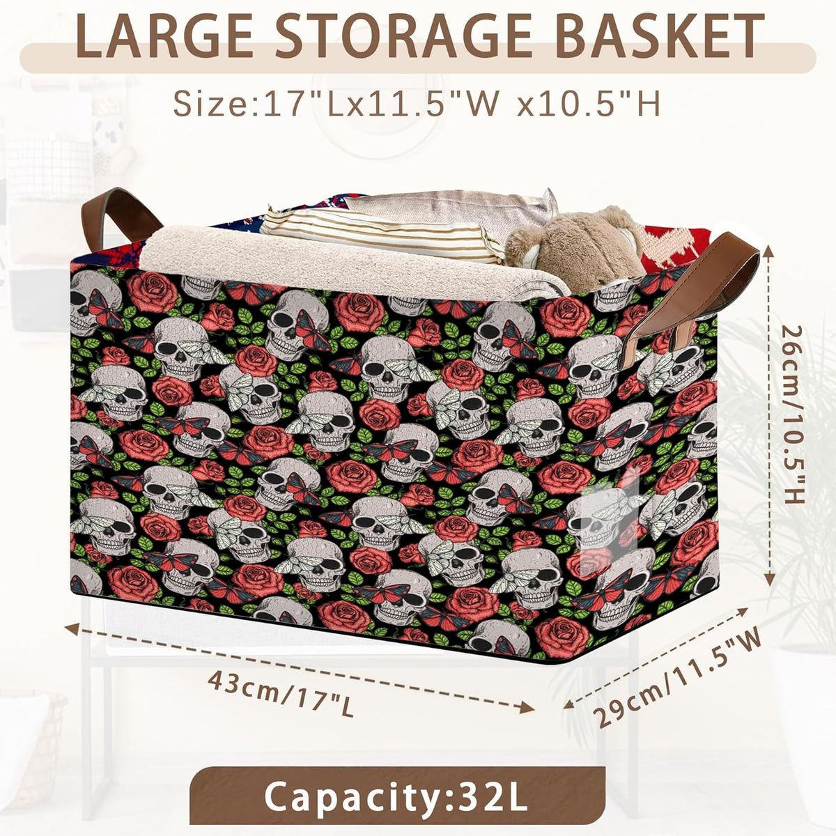 Skull Flower Pattern Collapsible Storage Bin-17x11.5x10.5 Inch Foldable Organizer for Halloween Decor, Gothic Room, Under Bed Storage-Single Pack