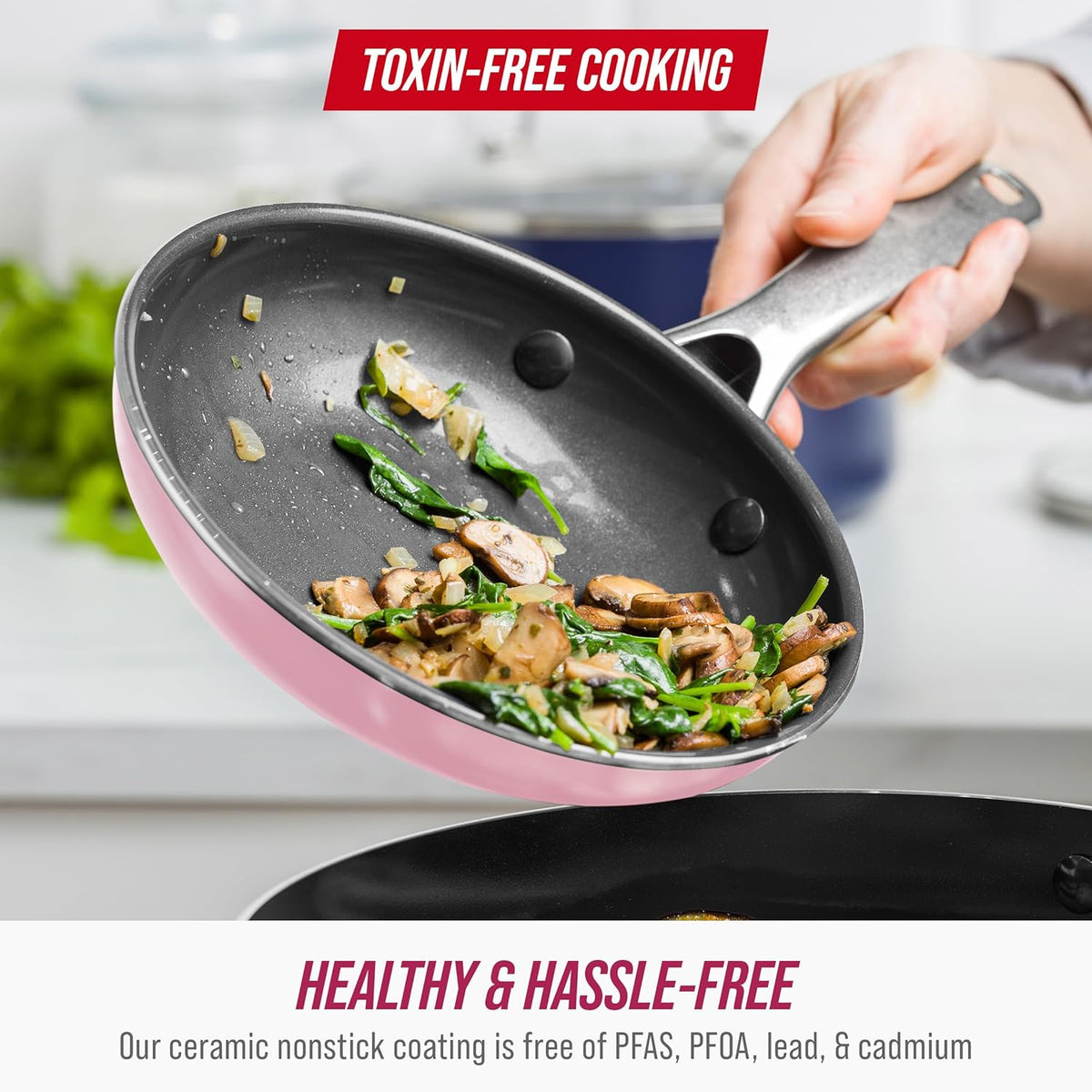 Blue Diamond 12" Nonstick Frying Pan with Lid, Diamond Infused PFAS & PTFE-Free Ceramic Skillet, Dishwasher & Oven Safe, Stay Cool Handle, Durable Non Toxic Metal Utensil Safe, Glass Lid, Pink