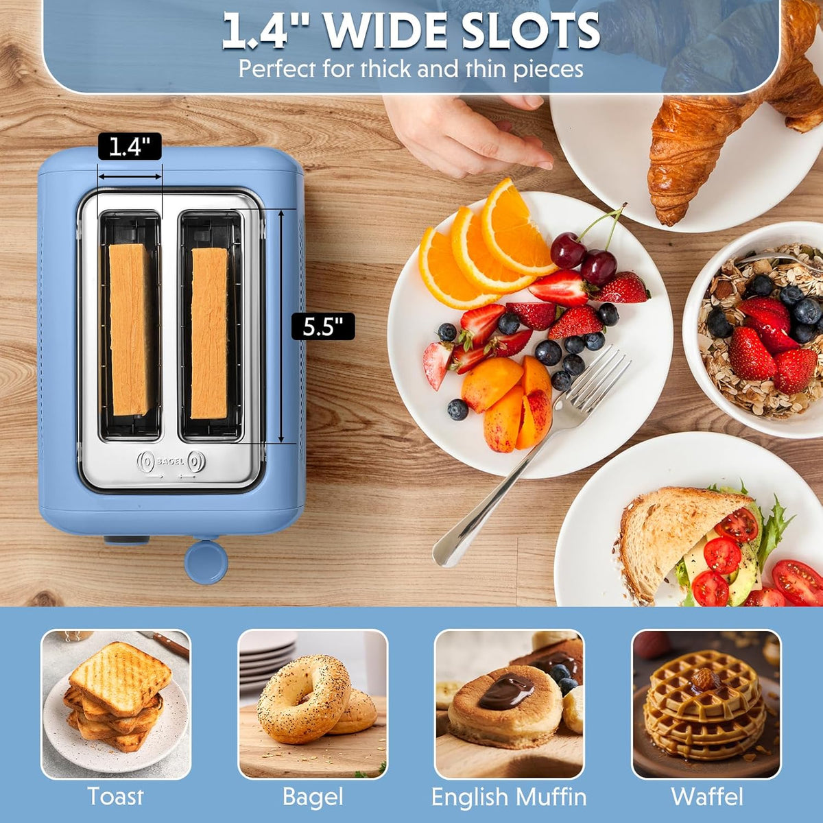 BUYDEEM DT620 2-Slice Toaster, Extra Wide Slots, Retro Stainless Steel with High Lift Lever, Bagel and Muffin Function, Removal Crumb Tray, 7-Shade Settings,Blue