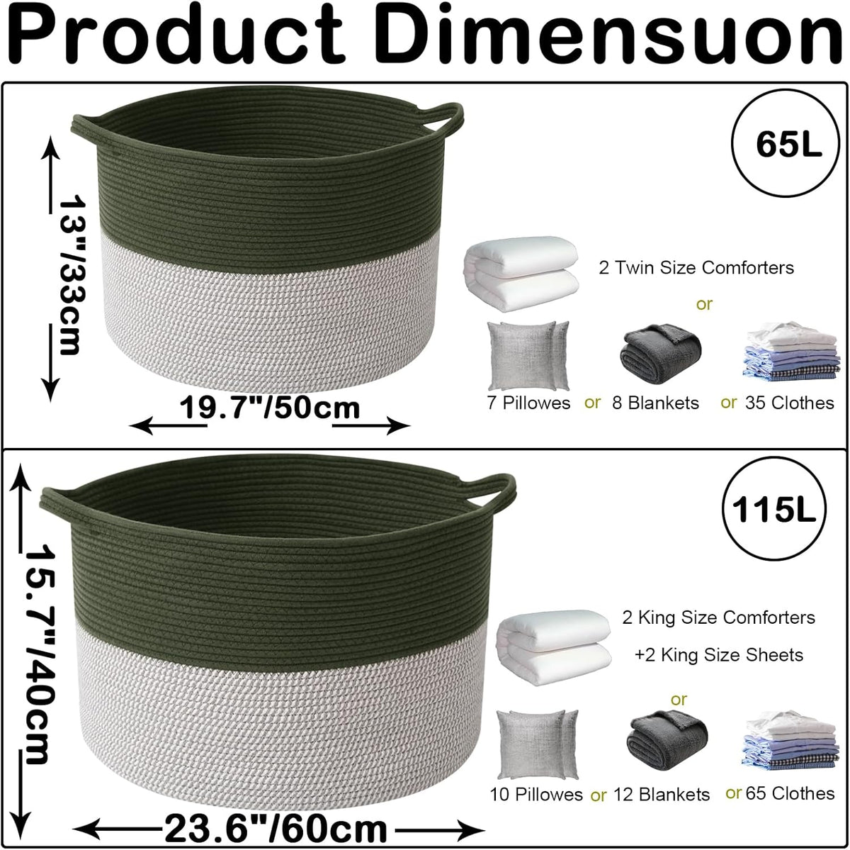 Large Blanket Basket for Organizing,115L Closet Organizers and Storage Bins Box for Shelves Woven Rope Storage Baskets,Living Room,Bedroom,Dorm,Laundry room (Green&White)