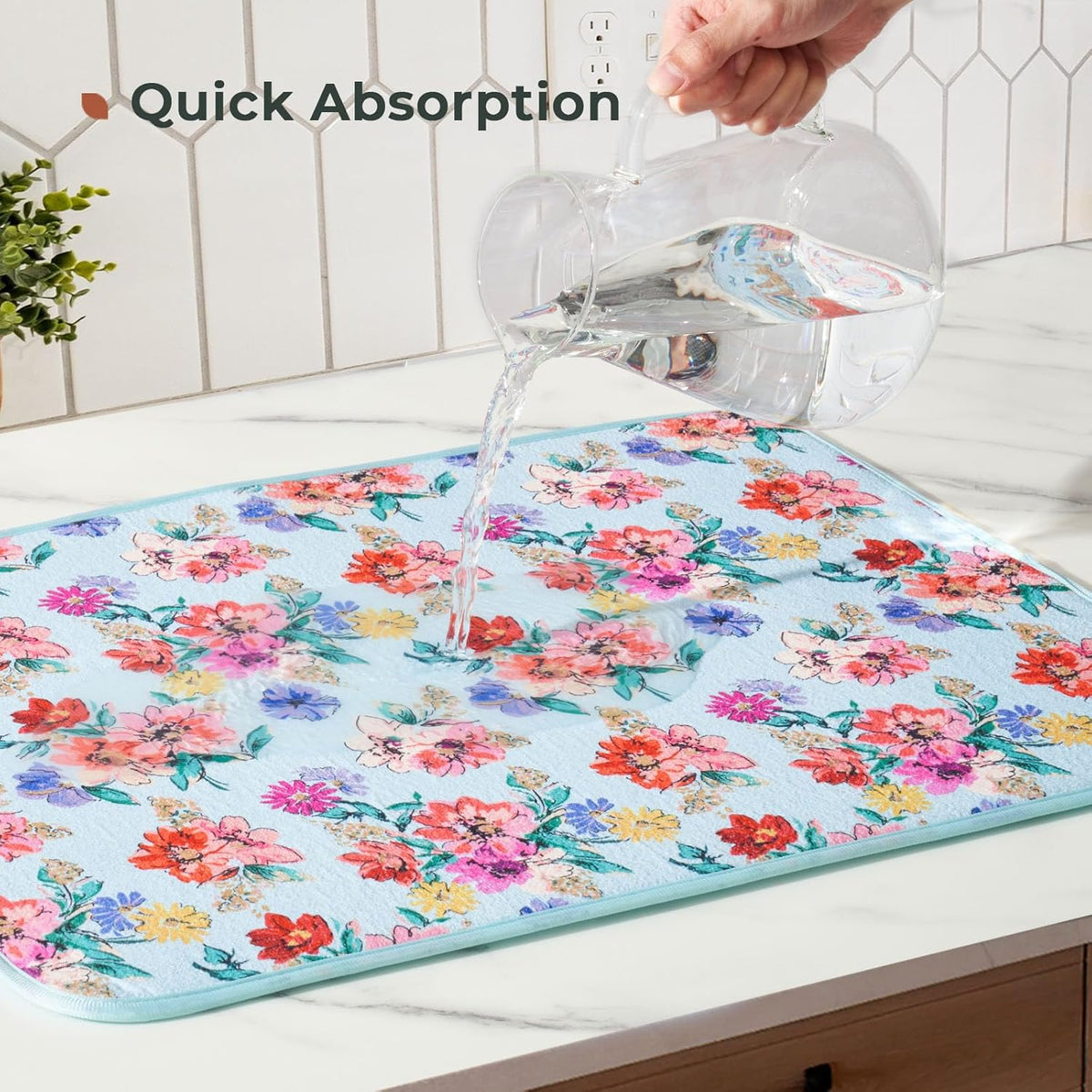 FRESHMINT Printed Dish Drying Mats for Kitchen Counter 2 Pack Absorbent Reversible Drying Mats Microfiber Kitchen Countertop Protector Dishes Drying Pad Extra Large 18"x16" Dish Mat