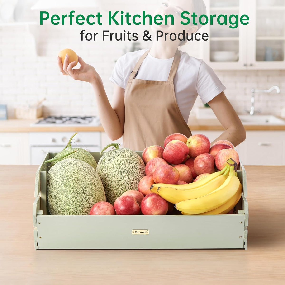 HABAU Wood Potato Onion Storage Bins - Wooden Stackable Produce Basket - Fruit Vegetable Storage for Kitchen Pantry Organization