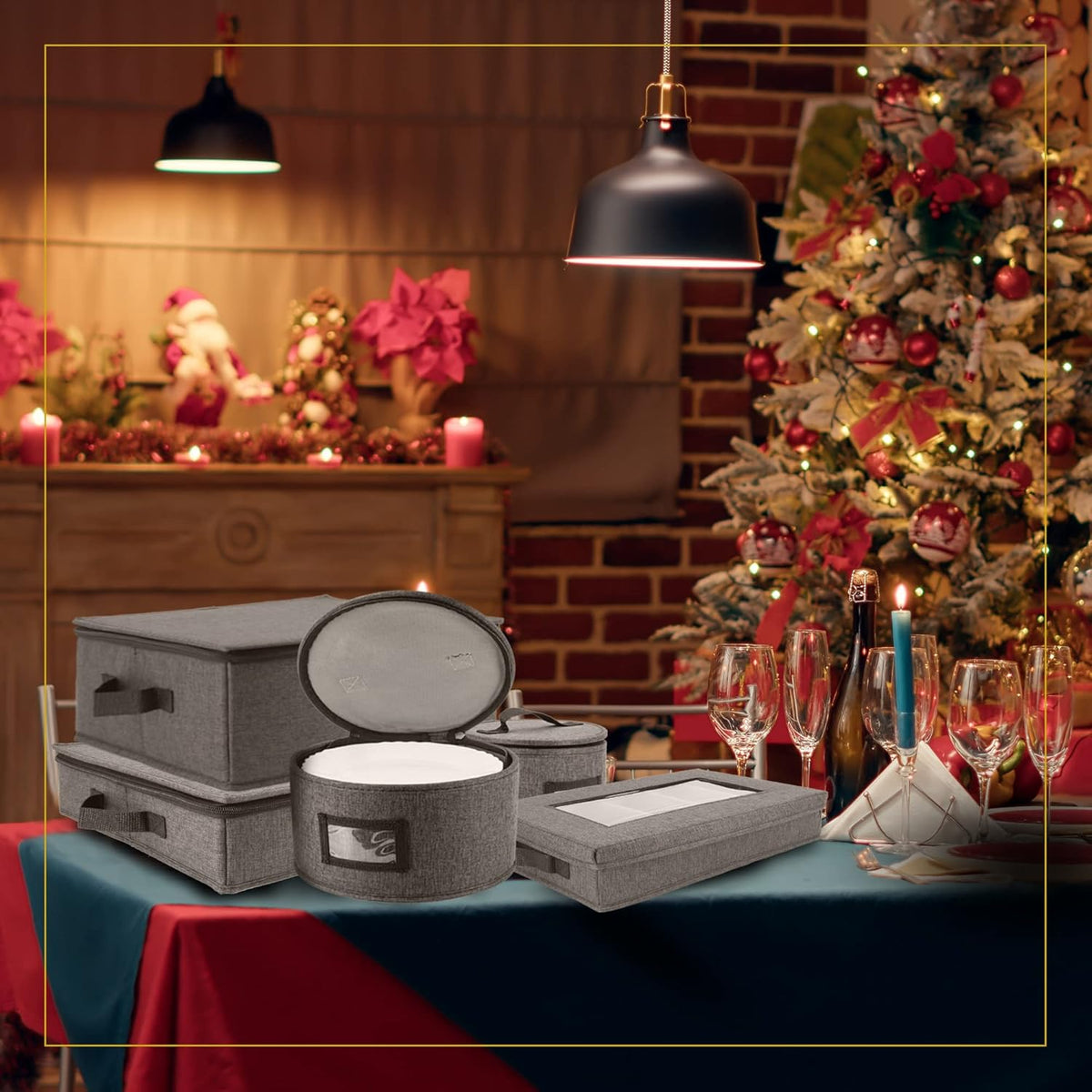 HOMELUX THEORY Platter Storage with Lid, Hard Shell China Storage Containers, Heavy Duty Dinnerware Storage Box with 5 Felt Pads and Thick Surface for Dishes and Dinner Plate, Move Out Essentials