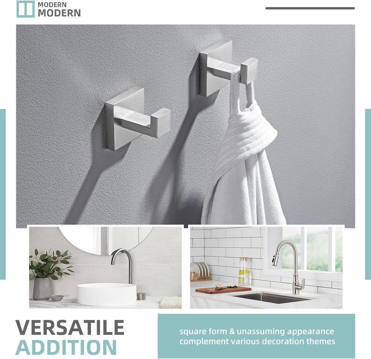 Angle Simple Towel Hooks for Bathroom, SUS 304 Stainless Steel Robe Coat Hooks for Wall, Brushed Nickel, 2 Pack