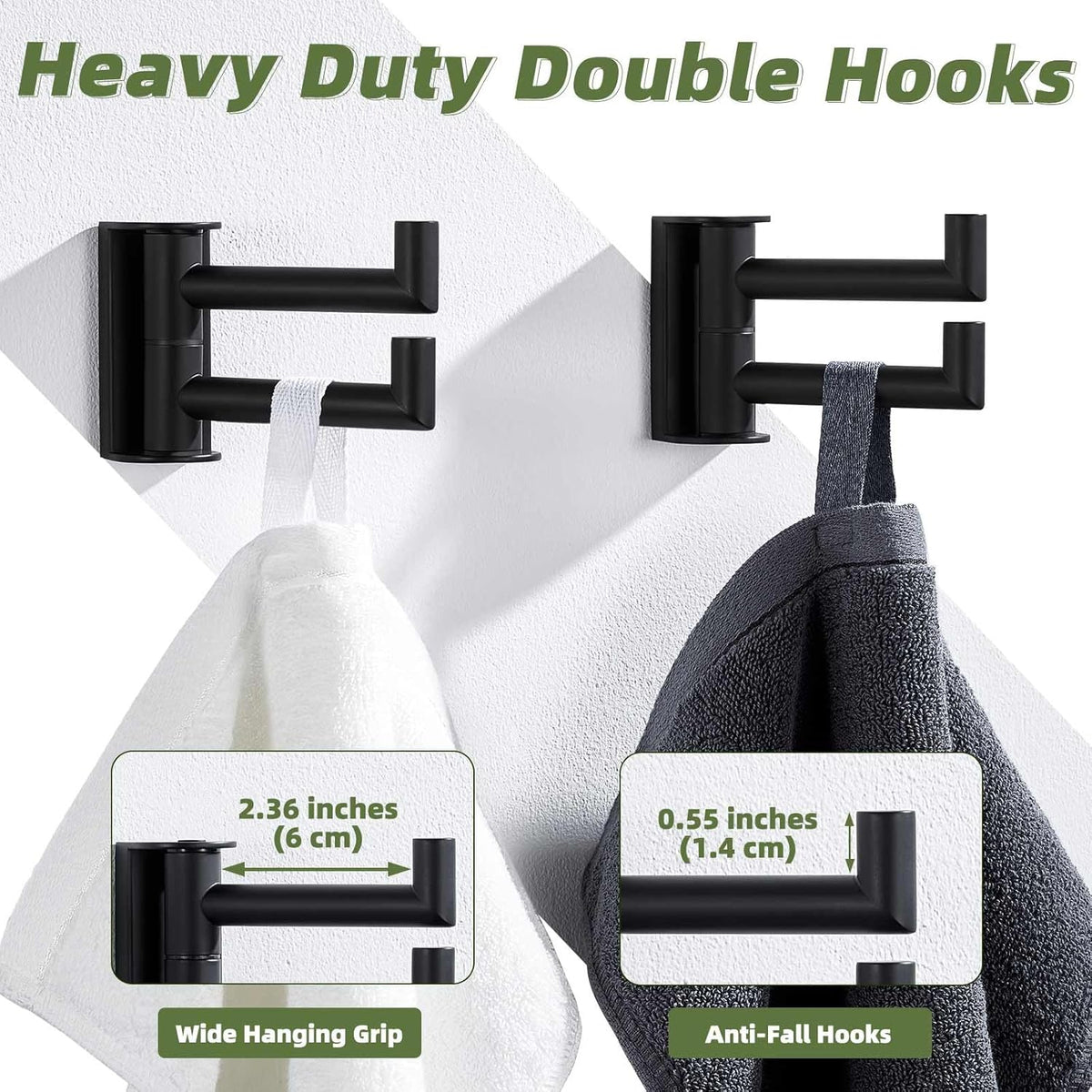 APLusee Swivel Towel Hook Matte Black 2 Pack, 304 Stainless Steel Towel Holder Bathroom Robe Hook, Folding Wall Hook Wall Mounted