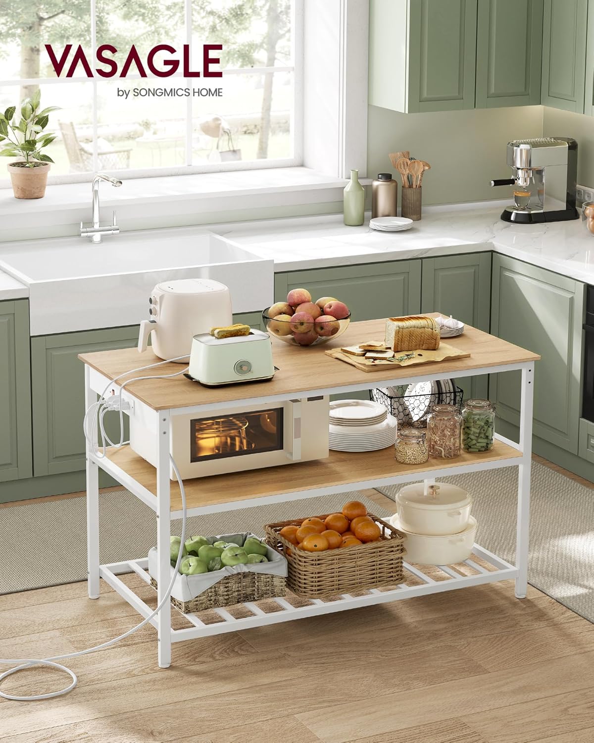 VASAGLE Kitchen Island with 3 Shelves, Kitchen Shelf with Power Strip, 23.6 x 47.2 x 34.9 Inches, Large Worktop, Steel Structure, Industrial, Easy to Assemble, Oak Color and White UKKI101Y01