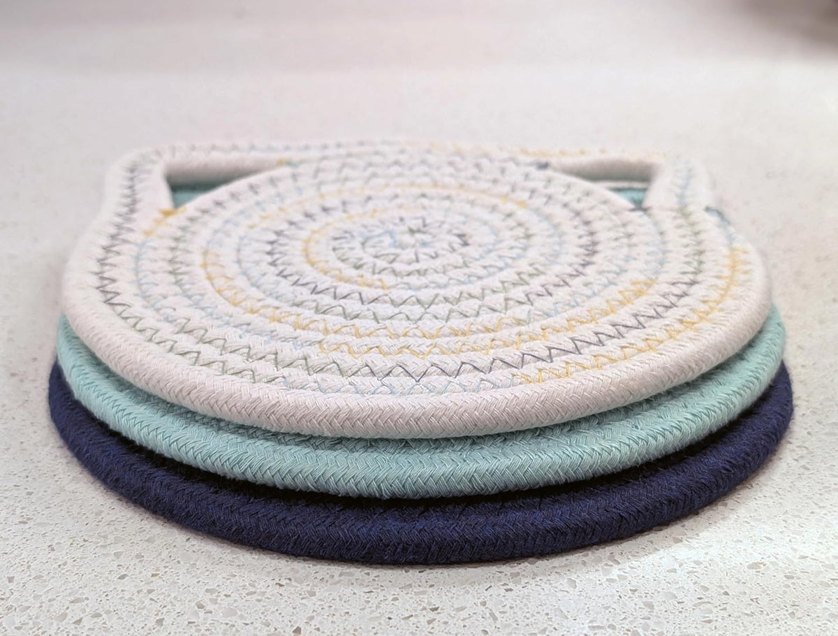 7” Cat Trivet 3 Piece Set - Sturdy Thick Cotton Hot Pad Placemat - for Kitchen and Dining - Cute Kawaii Kitten Design - Kitchen Accessory Gift (Blue & White)