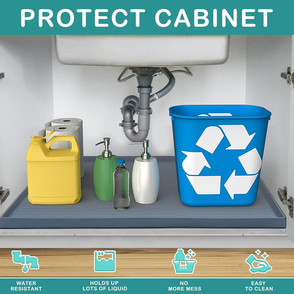 URMONA Waterproof Silicone Under Sink Mat 28'' x 22'' Shelf Liner for Kitchen and Bathroom, Cabinet and Counter Protector, Storage and Organizers, Litter Mat, Pet Cat Puppy Essentials(Beige)