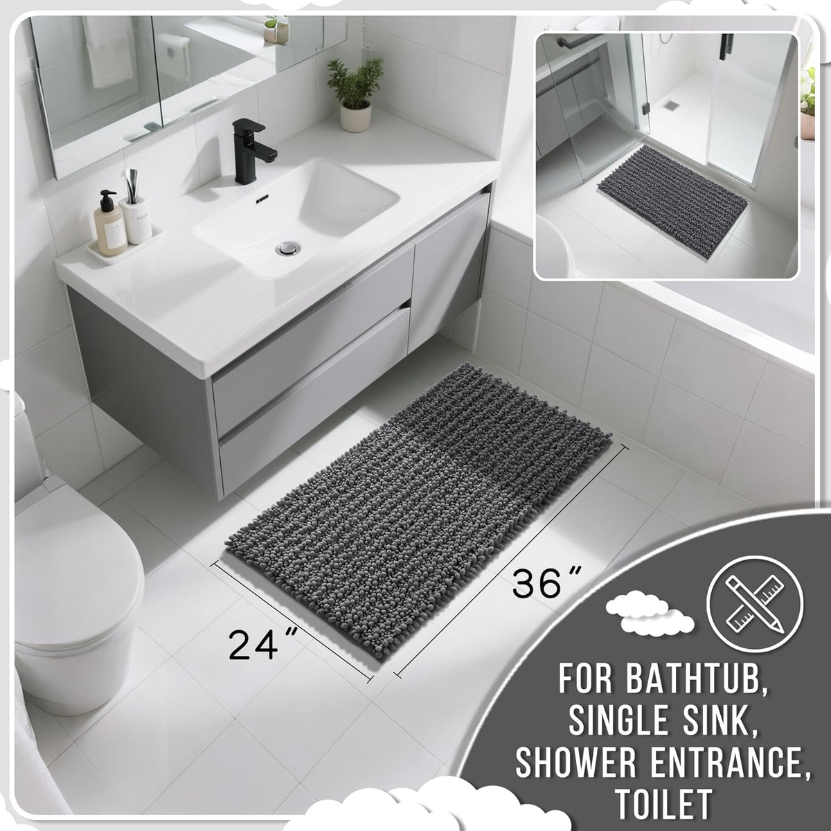 Yimobra Large Bathroom Rugs Non Slip Washable 36x24 Inch - Ultra Soft Absorbent Chenille Bath Mat, Quick Dry Shaggy Floor Carpet for Tub Shower, Dark Gray Home Decor Accessories