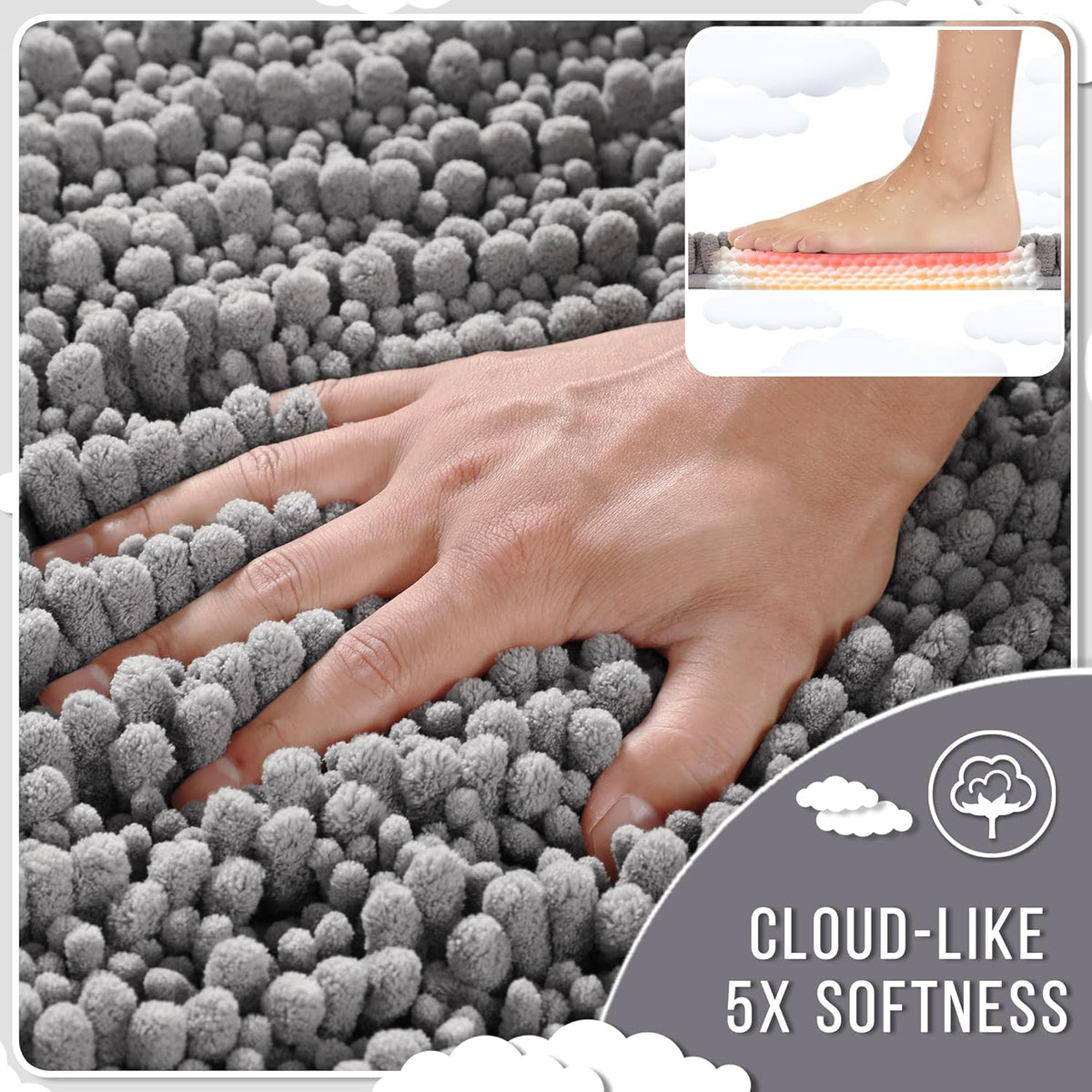 Yimobra Bathroom Runner Rug 55x24 Inch - Extra Long Non Slip Chenille Bath Mat, Soft & Absorbent, Machine Washable Shaggy Hallway Carpet for Vanity Tub Shower, Gray Home Decor Accessories