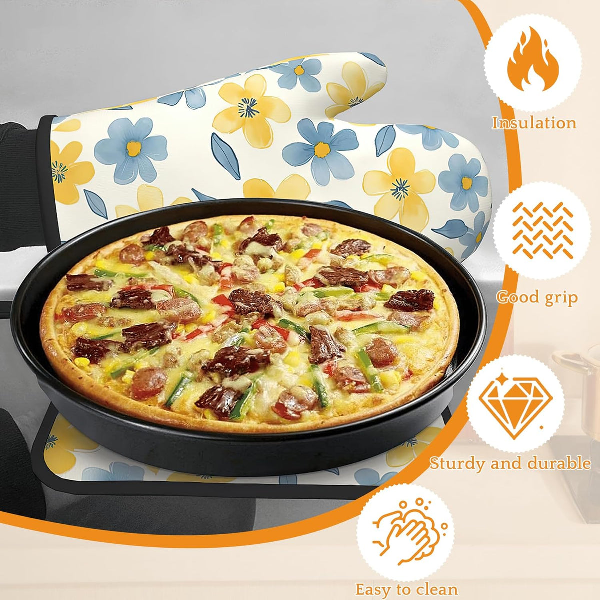 Cute Floral Oven Mitts and Pot Holders,Yellow Blue Flower Heat Resistant Oven Mitts Gloves and Pot Holder for Home Kitchen Decorations Cooking Baking BBQ Gifts,Set of 4