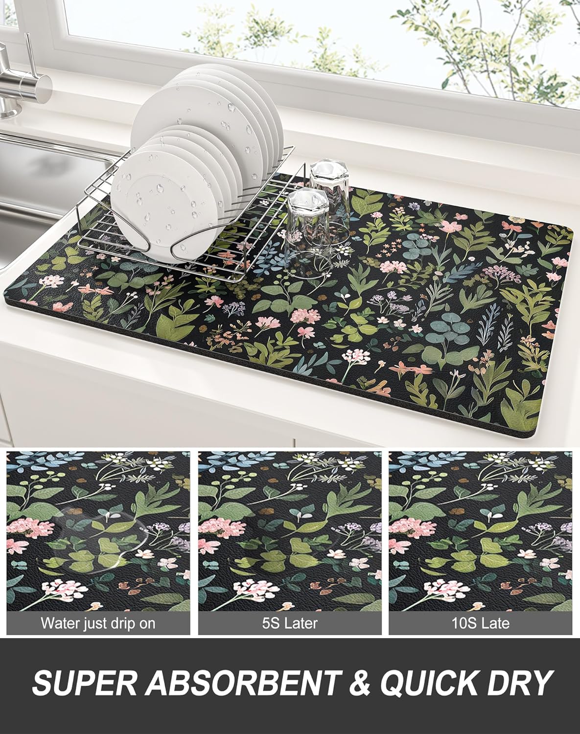 Rnivvi Dish Drying Mat for Kitchen Counter, 12 x 19" Cute Flower Theme Super Absorbent Draining Pad, Non-Slip Heat Resistant Coffee Bar Mat for Coffee Machine Station Accessories, Black Dish Rack Pad