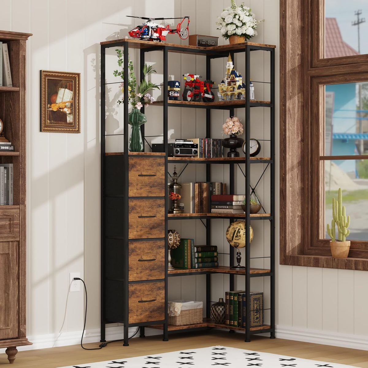 Corner Bookshelf with LED Light Strips & 4 Fabric Drawers, 6-Tier Convertible Corner Shelf with Display Shelf, Large Wood Industrial Bookcase for Living Room, Bedroom, Home Office, Rustic Brown