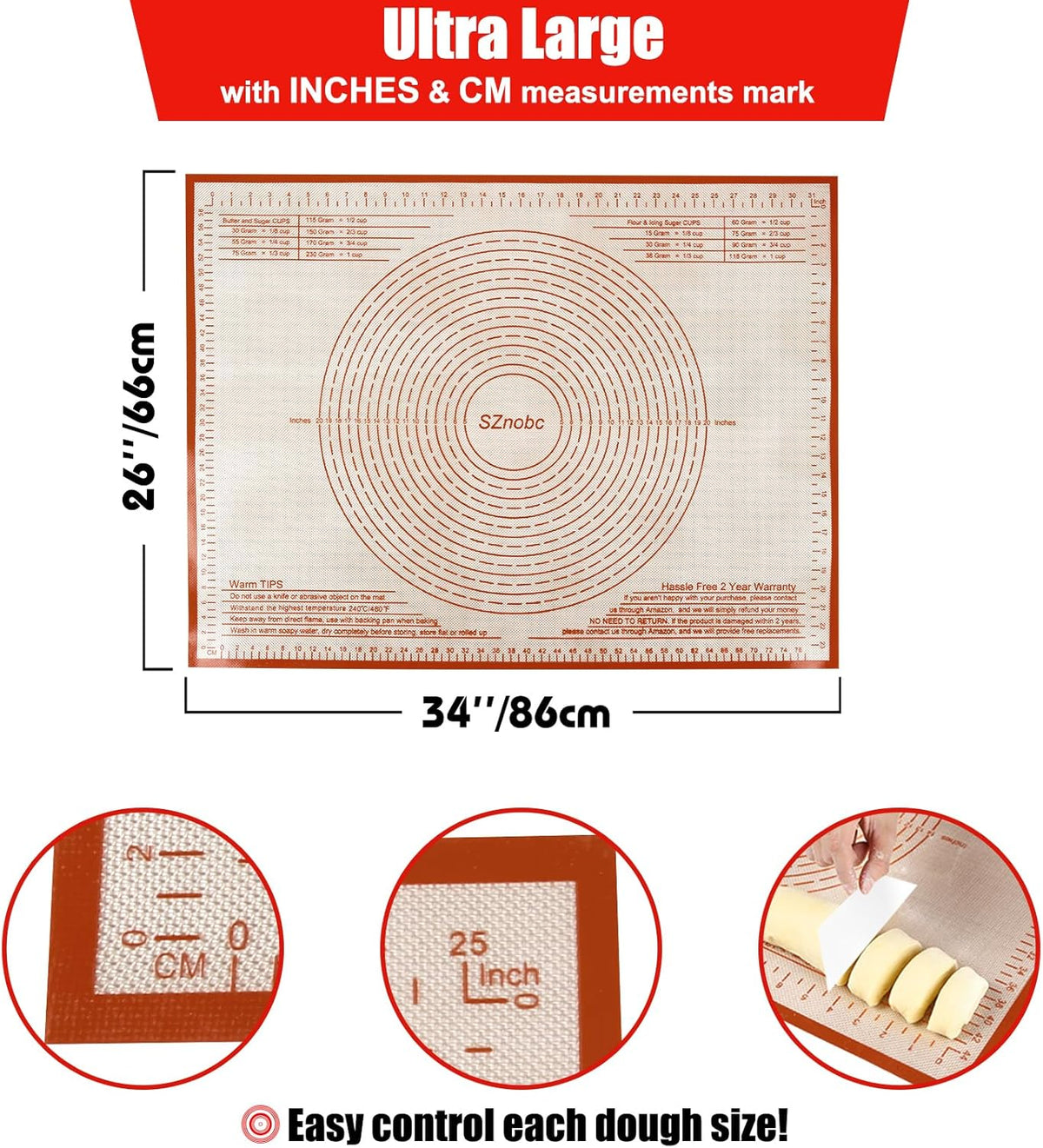 Silicone Pastry Mat 34''By 26'' Nonstick Baking Mats Extra Large Counter Mat for Dough Rolling, Pastry, Pie Crust, Fondant, Cookies, Bread, Pasta, Pizza Mat
