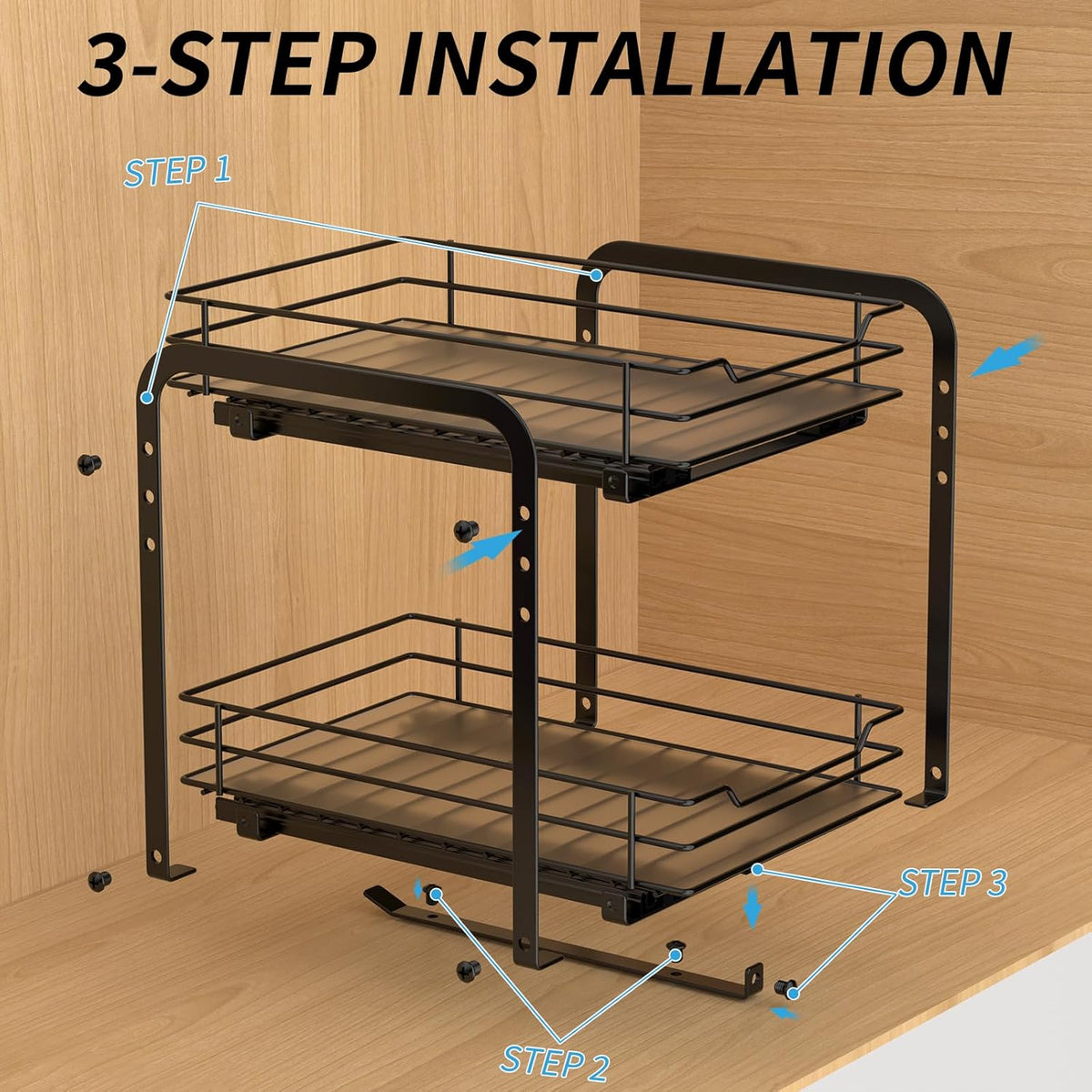 2-Tier Spice Rack, Pull Out Spice Racks Organizer for Cabinet, Height Adjustable Heavy Duty Metal Basket for Inside Cabinets & Pantry Closet (7.5''Wx10.5''Dx9.5''H)